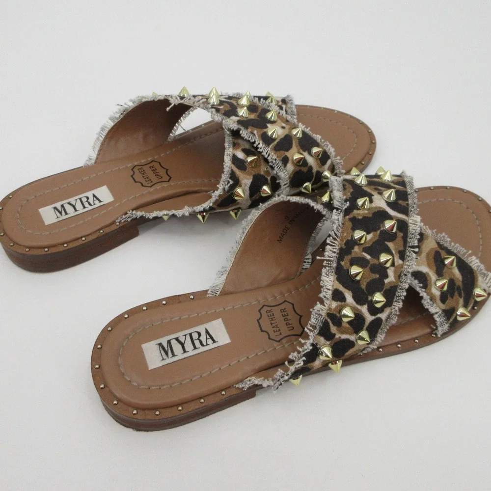 Myra Womens Leopard Print Studded Crisscross Slide Sandals Flat Brown Size 9